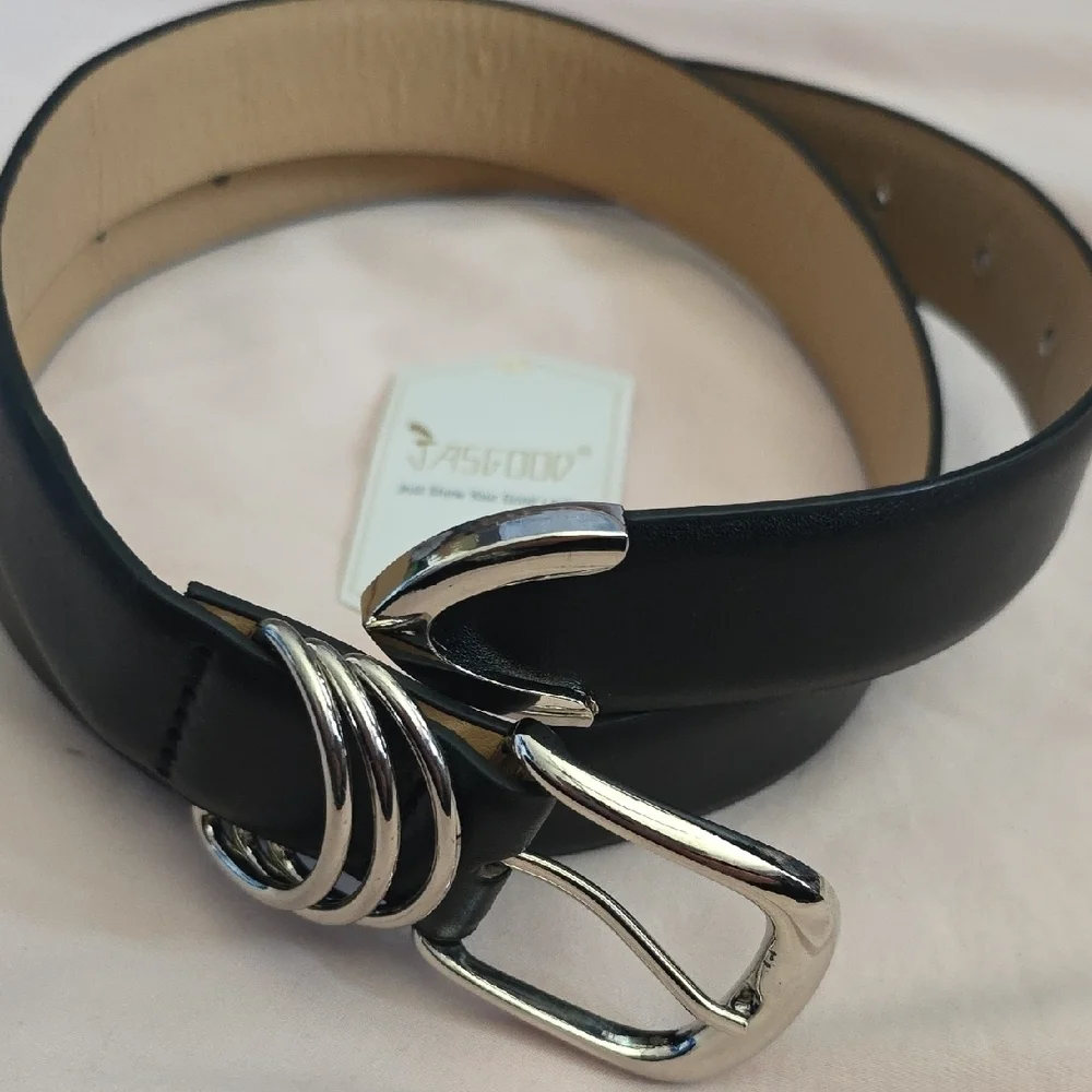 Women's Black Leather Belt with Silver Buckle By Jasgood, NWT